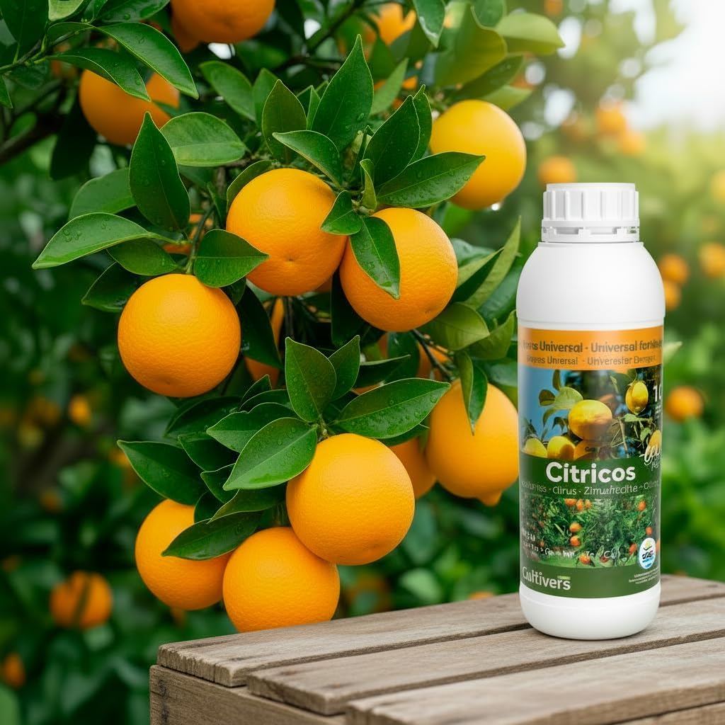 Abono Cítricos Líquido Ecológico 2 Naranjo sano con follaje verde intenso y frutos abundantes tras el abonado regular con fertilizante ecológico Cultivers para cítricos
