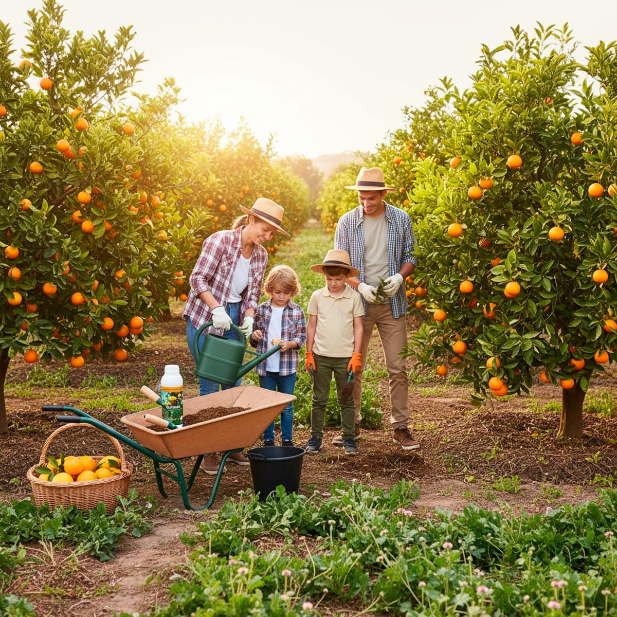 Abono Cítricos Líquido Ecológico 4 Naranjos sano con frutos abundantes tras el abonado regular con fertilizante ecológico Cultivers para cítricos