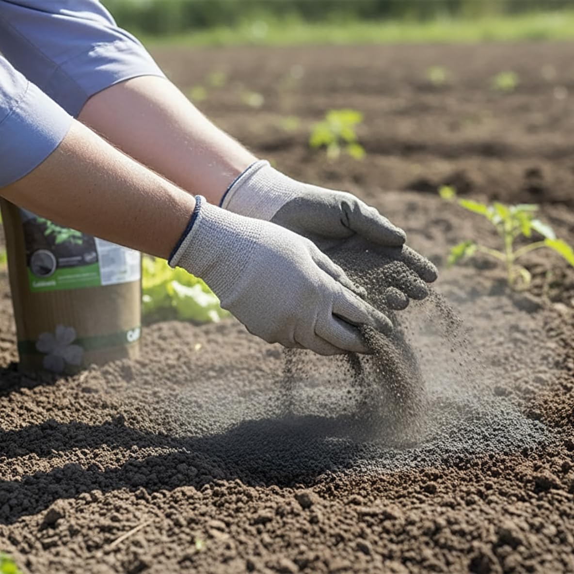 Farine de roche. Poussière de basalte 2 Aplicación de harina de roca sobre suelo de huerto ecológico antes de plantar