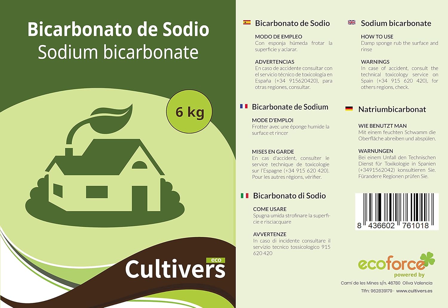 Bicarbonate de sodium 2 Etiqueta bicarbonato de sodio Cultivers con información de uso y composición