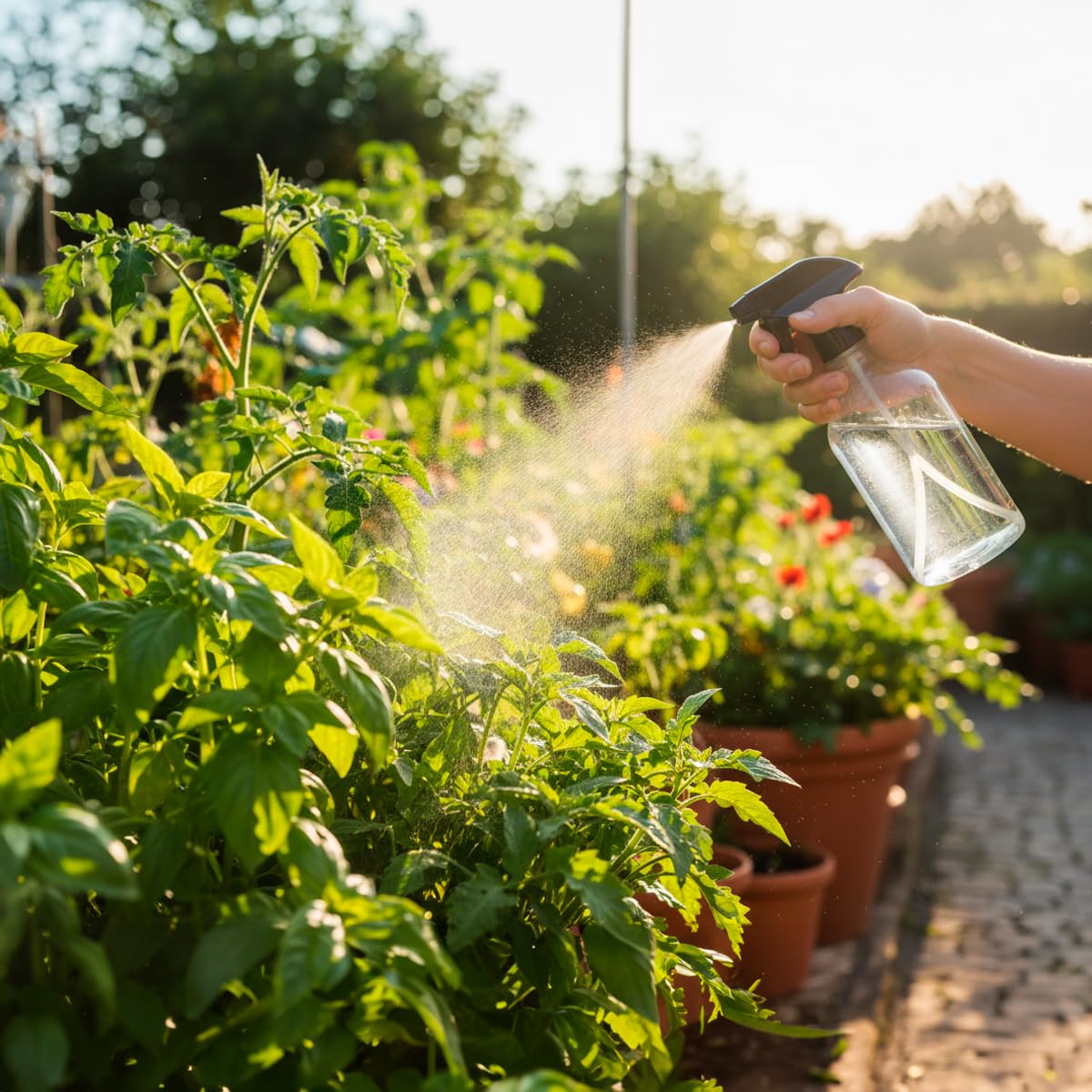 Bicarbonate de sodium 3 Aplicación de bicarbonato de sodio diluido en pulverizador sobre hojas de planta